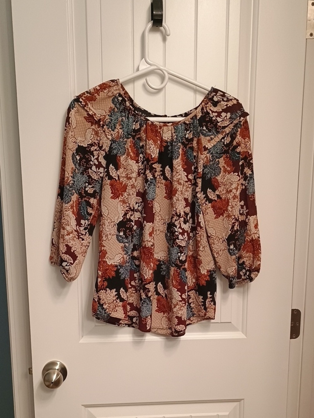 I.N. Studio Floral Peasant Blouse in Burgundy, Cream and Rust